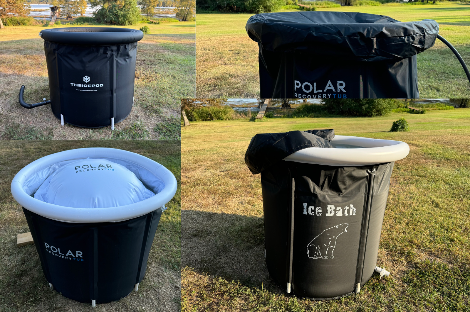 Comparison of three similar cold plunge tubs: the Ice Pod Pro from The Pod Company, the Polar Recovery Tub, and a cold plunge from Ganen, showcasing their sleek designs and features for ice bath therapy.